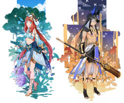 Rule 34 | 1boy, 1girl, animal ears, aqua eyes, arabian clothes, blunt bangs, bow, closed mouth, cyno (genshin impact), forehead jewel, full body, genshin impact, harem outfit, high heels, highres, holding, holding polearm, holding weapon, kk (kkgame7733), nilou (genshin impact), polearm, red eyes, red hair, short sleeves, shorts, simple background, skirt, sky, standing, toeless footwear, tree, vambraces, veil, weapon, white background, white hair
