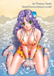Rule 34 | 1girl, anklet, bare shoulders, barefoot, beach, bracelet, breasts squeezed together, breasts, cleavage, day, from above, gem, green eyes, jewelry, kneeling, large breasts, nail polish, necklace, outdoors, pearl (gemstone), purple hair, skirt, smile, solo, swimsuit, water, wet, yuuki tomoka