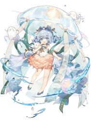 Rule 34 | 1girl, blue eyes, blue hair, cone hair bun, dress, drill hair, food fantasy, full body, hair bun, highres, jellyfish salad (food fantasy), official art, pale skin, second-party source, solo, stuffed animal, stuffed toy, transparent background, twin drills