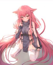 Rule 34 | 1girl, absurdly long hair, absurdres, animal ear fluff, animal ears, azur lane, black sweater, blush, breasts, cat ears, cat tail, clothing cutout, commentary request, full body, hair between eyes, highres, huge filesize, large breasts, long hair, long sleeves, looking at viewer, luna nyann, perseus (azur lane), pink eyes, pink hair, sideboob, sidelocks, sleeves past wrists, solo, sweater, tail, thighhighs, twintails, very long hair, white background, white thighhighs