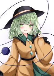 Rule 34 | 1girl, belt, black hat, blouse, blush, breasts, commentary request, eyeball, frilled shirt collar, frills, green eyes, green hair, green skirt, hat, hat ribbon, highres, komeiji koishi, long sleeves, looking to the side, medium hair, nanase nao, open mouth, ribbon, shirt, simple background, skirt, sleeves past wrists, small breasts, smile, solo, standing, teeth, third eye, touhou, upper body, upper teeth only, white background, wide sleeves, yellow ribbon, yellow shirt