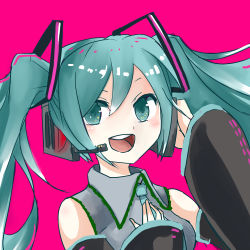 Rule 34 | 1girl, :d, absurdres, black sleeves, blue eyes, blue hair, blue necktie, blush, breasts, commentary request, detached sleeves, grey shirt, hair ornament, hatsune miku, headset, highres, jonasan (bad-t), long hair, looking at viewer, medium breasts, necktie, one-hour drawing challenge, open mouth, pink background, round teeth, shirt, simple background, sleeves past wrists, smile, solo, teeth, upper body, vocaloid