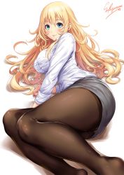 Rule 34 | 1girl, alternate costume, arm support, artist name, ass, atago (kancolle), black pantyhose, blonde hair, blue eyes, blue skirt, breasts, collared shirt, gusset, kantai collection, large breasts, long hair, long sleeves, looking at viewer, lying, no shoes, office lady, on side, panties, pantyhose, pencil skirt, sakiyamama, shirt, simple background, skirt, smile, solo, thighband pantyhose, underwear, white background, white panties, white shirt