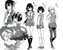 Rule 34 | 10s, 3girls, animal ears, bow, breasts, cat ears, cat tail, character name, cleavage, collarbone, collared shirt, crossed arms, detached sleeves, dress, ensemble stars!, epuko, full body, genderswap, genderswap (mtf), greyscale, hand on own hip, hands in pockets, japanese clothes, kimono, loafers, long sleeves, looking at viewer, medium breasts, monochrome, multiple girls, necktie, pantyhose, headpat, plaid, plaid skirt, pleated skirt, puffy short sleeves, puffy sleeves, sakuma rei (ensemble stars!), sakuma ritsu, sash, school uniform, seiza, sena izumi (ensemble stars!), shirt, shoes, short sleeves, simple background, sitting, skirt, small breasts, standing, strapless, strapless dress, tail, thigh gap, tiara, white background, wing collar