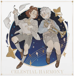 2boys aziraphale_(good_omens) border bow bowtie crowley_(good_omens) english_text good_omens highres holding holding_instrument instrument luminous_slime male_focus multiple_boys open_mouth paper red_hair shoes smile socks staff_(music) star_(sky) white_hair