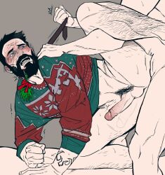 Rule 34 | 2boys, anal, arm tattoo, bara, beard, black hair, blue eyes, blush, bonjourdraws, completely nude, erection, facial hair, green sweater, highres, leg hair, looking at another, male focus, male penetrated, male pubic hair, multiple boys, muscular, muscular male, naked sweater, nude, open mouth, original, penis, pubic hair, red sweater, sex, short hair, sweater, tattoo, testicles, thighs, two-tone sweater, yaoi