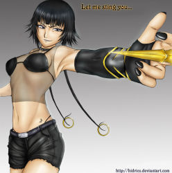 Rule 34 | 00s, 1girl, armpits, black hair, black nails, bleach, bra, detached sleeves, fingerless gloves, fingernails, gloves, lingerie, long fingernails, midriff, nail, nail polish, see-through, short hair with long locks, shorts, solo, sui-feng, twintails, underwear, whale tail (clothing)