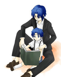 Rule 34 | 2boys, age difference, aged down, blue hair, book, child, closed eyes, family, fate/zero, fate (series), father and son, formal, holding, holding book, kohetake (ronpaxronpa), matou byakuya, matou shinji, multiple boys, open book, reading, ronpaxronpa, simple background, sitting, suit, suspenders, type-moon