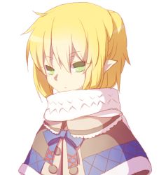 Rule 34 | 1girl, alternate costume, blonde hair, blue bow, blue bowtie, bow, bowtie, brown coat, closed mouth, coat, commentary request, cowlick, expressionless, green eyes, looking at viewer, mizuhashi parsee, pointy ears, portrait, scarf, shang xiao (slick321), short hair, short ponytail, simple background, solo, touhou, white background, white scarf, winter clothes