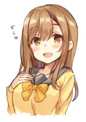 Rule 34 | 1girl, :d, black sailor collar, blush, bow, bowtie, brown eyes, brown hair, collarbone, commentary request, cropped torso, hand on own chest, hand up, heart, kunikida hanamaru, long hair, long sleeves, looking at viewer, love live!, love live! sunshine!!, open mouth, orange bow, orange bowtie, sailor collar, school uniform, shiromikan, shirt, sidelocks, simple background, sketch, smile, solo, tareme, uranohoshi school uniform, white background, yellow shirt