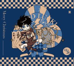 Rule 34 | 1boy, :t, ace (playing card), ace of clubs, black hair, blue background, blue eyes, blue footwear, blue socks, boots, brown coat, buttons, card, checkered background, checkered socks, closed mouth, club (shape), coat, commentary, dated, eating, expressionless, food, full body, gingerbread man, highres, holding, holding food, jewelry, lightning bolt symbol, limited palette, long sleeves, looking at viewer, male focus, medium bangs, merry christmas, nshenz52, playing card, ring, short hair, socks, solo, sparkle, symbol-only commentary, tobaku haouden zero, ukai zero