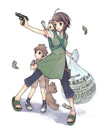 Rule 34 | 1girl, 2boys, :d, ahoge, aiming, baby, bag, blouse, brown eyes, brown hair, capri pants, child, collared shirt, dress, finger on trigger, green dress, grocery bag, gun, handgun, height difference, holding, holding bag, holding stuffed toy, money, multiple boys, open mouth, original, outstretched arms, overalls, pants, parted lips, pistol, sandals, shirt, shopping bag, short sleeves, simple background, smile, socks, standing, stuffed toy, swept bangs, weapon, white background, white shirt, youhei (artist)
