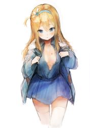 Rule 34 | 1girl, :o, absurdres, blonde hair, blue eyes, blue hairband, blue jacket, blue shirt, blue skirt, blush, breasts, collarbone, dorok, fur collar, furrowed brow, girls&#039; frontline, hair intakes, hairband, heart, highres, jacket, long hair, long sleeves, miniskirt, one side up, open clothes, open jacket, open mouth, open shirt, shirt, simple background, skirt, small breasts, solo, straight hair, striped clothes, striped skirt, suomi (girls&#039; frontline), thighhighs, vertical-striped clothes, vertical-striped skirt, white background, white thighhighs, zettai ryouiki