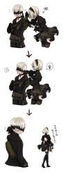Rule 34 | 1boy, 1girl, ?, android, arrow (projectile), black dress, blindfold, boots, bow, buckle, comic, dress, fuyu kotatsu, high heel boots, high heels, juliet sleeves, light bulb, long sleeves, nier (series), nier:automata, pale skin, patterned clothing, puffy sleeves, speech bubble, thigh boots, thighhighs, translated, white background, white hair, 2b (nier:automata), 9s (nier:automata)