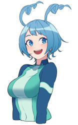 Rule 34 | 1girl, :d, alternate hair length, alternate hairstyle, blue eyes, blue hair, bodysuit, boku no hero academia, breasts, character request, commentary request, covered navel, hadou nejire, highres, kobaji, light blue hair, looking at viewer, medium breasts, open mouth, short hair, simple background, smile, solo, white background