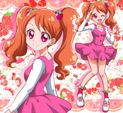 Rule 34 | 10s, 1girl, ;d, food-themed hair ornament, full body, hair ornament, hanzou, kirakira precure a la mode, looking at viewer, one eye closed, open mouth, orange hair, pink eyes, pink skirt, precure, short hair, skirt, smile, solo, strawberry hair ornament, twintails, usami ichika