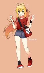 Rule 34 | 1girl, alternate costume, antenna hair, bag, beads, blonde hair, blue shorts, blush, green eyes, hair beads, hair ornament, highres, long hair, nanaki (mkmk 915), red shirt, shirt, shorts, smile, tsurumaki maki, voiceroid