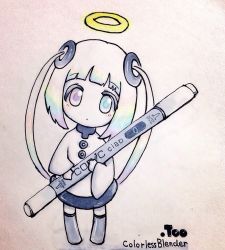 Rule 34 | 0-chan (keigozoo), 1girl, aqua eyes, blue eyes, blush stickers, chibi, commentary request, company name, english text, gradient eyes, grey thighhighs, hair rings, halo, head tilt, heterochromia, holding, ink blender, looking at viewer, marker, marker (medium), multicolored eyes, multicolored hair, orange eyes, original, oversized object, personification, purple eyes, rainbow hair, short hair with long locks, simple background, smile, solo, standing, tareme, thighhighs, traditional media, white background, white hair, wide sleeves, zettai ryouiki, zoo (keigozoo)