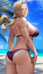 Rule 34 | 1girl, ass, bare shoulders, beach, bikini, blonde hair, blue sky, breasts, brown eyes, butt crack, cowboy shot, day, hand on own thigh, highres, large breasts, long hair, looking at viewer, muscular, muscular female, naruto, naruto (series), non-web source, palm tree, parted bangs, purple bikini, sky, solo, swimsuit, thighs, toned, tree, tsunade (naruto), yoshio (55level)