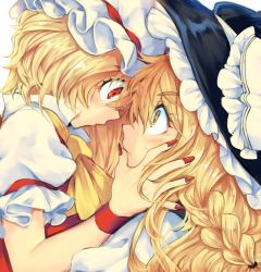 Rule 34 | 2girls, blonde hair, blush, braid, close-up, commentary request, eye contact, eyebrows, flandre scarlet, hand on another&#039;s cheek, hand on another&#039;s face, hat, iroyopon, kirisame marisa, looking at another, mob cap, multiple girls, nail polish, red eyes, red nails, thick eyebrows, touhou, wide-eyed, witch hat, wrist cuffs, yandere, yellow eyes, you gonna get raped, yuri