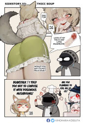 Rule 34 | &gt; o, 1other, 3girls, :d, anger vein, angry, animal ear fluff, arknights, ass, beanstalk (arknights), beanstalk (gift uncompleted) (arknights), bell, black headwear, braid, brown eyes, censored, chef hat, chibi, clothing cutout, comic, cooking, cooking pot, crazy smile, dress, fly agaric, frilled skirt, frills, green dress, grey hair, grey sweater, hair over one eye, hat, highres, irene (arknights), kinohara kossuta, ladle, long hair, long sleeves, looking at viewer, looking back, mask, mosaic censoring, multiple girls, mushroom, neck bell, off-shoulder sweater, off shoulder, official alternate costume, one eye closed, open mouth, phallic symbol, red eyes, single braid, skadi (arknights), skirt, smile, sweater, tail, tail through clothes, thighs
