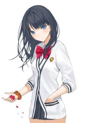 Rule 34 | 10s, 1girl, bad id, bad twitter id, black hair, black skirt, blazer, blue eyes, bow, cardigan, closed mouth, commentary request, gridman universe, hand in pocket, holding, holding petal, jacket, lloule, long hair, long sleeves, looking at viewer, microskirt, orange scrunchie, petals, pleated skirt, red bow, school uniform, scrunchie, shirt, skirt, ssss.gridman, standing, sweater, takarada rikka, thighs, white cardigan, white shirt, white sweater, wrist scrunchie