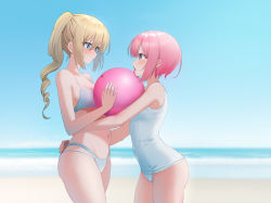 Rule 34 | 2girls, absurdres, ass, ball, beachball, bikini, blonde hair, blurry, blurry background, blush, covered navel, cowboy shot, depth of field, from side, hand on another&#039;s hip, highres, holding, holding ball, holding beachball, hug, licking, long hair, looking at another, mole, mole under eye, multi-strapped bikini, multiple girls, navel, ocean, one-piece swimsuit, open mouth, original, pink hair, ponytail, purple eyes, saliva, saliva trail, sand, school swimsuit, short hair, short hair with long locks, sidelocks, sky, surprised, swimsuit, syatihoko123, thighs, tongue, tongue out, white one-piece swimsuit, yuri