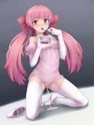 Rule 34 | 1girl, abubu, aftersex, blush, cleft of venus, cum, cumdrip, highres, kneeling, pink hair, shoes, single shoe, solo, thighhighs, twintails, uncensored, white thighhighs
