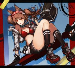 Rule 34 | 1girl, amayouri, angelina (arknights), animal ears, arknights, black collar, black footwear, black gloves, black socks, bra, breasts, brown hair, cleavage, collar, earpiece, fox ears, full body, gloves, hairband, hand up, infection monitor (arknights), jacket, knees up, medium breasts, off shoulder, open clothes, open jacket, open mouth, red bra, red eyes, red hairband, shoes, sitting, skindentation, socks, solo, striped clothes, striped hairband, twintails, underwear, white jacket