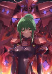 Rule 34 | 1girl, arms at sides, blue eyes, breasts, eye trail, fire, fortified suit, frown, glowing, glowing eye, green eyes, green hair, hair bun, head tilt, highres, ito t20a, light trail, mecha, medium breasts, muv-luv, muv-luv alternative, muv-luv alternative (anime), pilot suit, robot, science fiction, sidelocks, single hair bun, skin tight, tactical surface fighter, tsukuyomi mana, type 00 takemikazuchi, v-shaped eyebrows