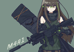 Rule 34 | anti-rain (girls&#039; frontline), armband, assault rifle, black eyes, black gloves, black hair, defy (girls&#039; frontline), detached sleeves, girls&#039; frontline, glasses, gloves, green hair, gun, highres, jacket, long hair, m4 carbine, m4a1 (girls&#039; frontline), m4a1 (mod3) (girls&#039; frontline), mod3 (girls&#039; frontline), multicolored hair, papaia (quentingqoo), ribbed sweater, rifle, scarf, streaked hair, sweater, thighhighs, weapon, weapon case