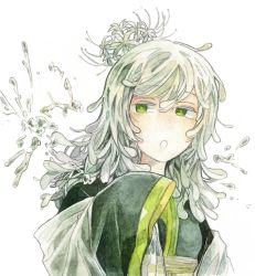 Rule 34 | 1girl, flower, green eyes, hair between eyes, kamura gimi, long hair, long sleeves, open mouth, original, simple background, sleeves past fingers, sleeves past wrists, solo, spider lily, upper body, white background, white flower, white hair, white spider lily, wide sleeves
