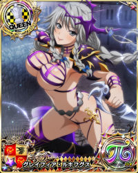 Rule 34 | 1girl, blue bow, blue flower, bow, braid, breasts, card (medium), chess piece, cleavage, female focus, flower, grayfia lucifuge, grey eyes, grey hair, hair bow, high school dxd, holding, holding weapon, large breasts, lipstick, long hair, looking at viewer, makeup, matching hair/eyes, mature female, navel, official art, queen (chess), red lips, smile, solo, twin braids, underboob, weapon