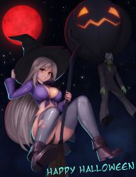 Rule 34 | 1boy, 1girl, absurdres, black panties, boots, breasts, broom, broom riding, cleavage, colored skin, english text, frankenstein&#039;s monster, full moon, green skin, grin, halloween, hat, highres, jack-o&#039;-lantern, large breasts, long hair, monster, moon, orange eyes, panties, pantyshot, red eyes, red moon, shirt, sky, smile, star (sky), starry sky, stitches, thighhighs, tied shirt, toniwing, torn clothes, torn legwear, underwear, very long hair, witch hat