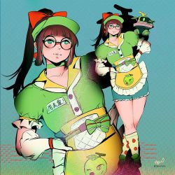 Rule 34 | 1girl, blunt bangs, bow, brown footwear, choker, drone, earrings, glasses, gloves, green eyes, green hat, green shirt, hair bow, hands on own hips, hat, heco (mama), honeydew mei, jewelry, long hair, mei (overwatch), official alternate costume, overwatch, overwatch 1, ponytail, puffy short sleeves, puffy sleeves, red bow, round eyewear, shirt, shoes, short sleeves, sidelocks, signature, snowball (overwatch), socks, solo, visor cap, white gloves