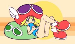 Rule 34 | 1girl, amitie (puyopuyo), anus, blonde hair, blue shirt, bottomless, cleft of venus, green eyes, hat, heart, heart print, holding, long hair, looking at viewer, lying, open mouth, pillow, print shirt, pussy, puyopuyo, red footwear, red headwear, sana (kerarino), sega, shirt, shoes, sleeveless, sleeveless shirt, smile, striped, striped background, winged hat, yellow background