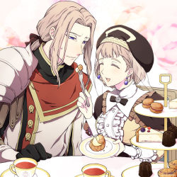 1boy 1girl bad_id bad_pixiv_id black_gloves blonde_hair blue_eyes brother_and_sister chair closed_mouth cup earrings closed_eyes fire_emblem fire_emblem:_three_houses food fork gloves hat holding holding_fork holding_plate jeritza_von_hrym jewelry long_hair long_sleeves macaron mercedes_von_martritz nintendo open_mouth plate ponytail short_hair siblings teacup totototope