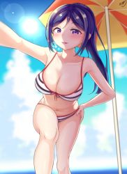 Rule 34 | 10s, 1girl, beach umbrella, bikini, breasts, cleavage, hand on own hip, large breasts, leaning forward, lens flare, long hair, looking at viewer, love live!, love live! school idol festival, love live! sunshine!!, matsuura kanan, navel, outstretched arm, ponytail, purple eyes, purple hair, solo, striped bikini, striped clothes, swimsuit, totsumotsu, umbrella