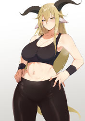 Rule 34 | 1girl, animal ears, arknights, bare arms, bare shoulders, black pants, blonde hair, blush, breasts, cleavage, commentary, cowboy shot, crop top, degenbrecher (arknights), gradient background, grey background, hair between eyes, hands on own hips, highres, horns, large breasts, leggings, long hair, looking at viewer, midriff, navel, pants, solo, sports bra, standing, stomach, thighs, very long hair, wristband, xllam, yellow eyes