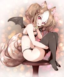 Rule 34 | 1girl, :d, animal ear fluff, animal ears, bare arms, bare shoulders, bell, black bra, black gloves, black panties, black thighhighs, blurry, bokeh, bra, breasts, brown hair, choker, demon wings, depth of field, fetal position, fox ears, fox tail, from side, full body, gloves, groin, hair between eyes, hugging own legs, jingle bell, legs, looking at viewer, looking to the side, medium hair, multicolored hair, multiple tails, navel, neck bell, no shoes, open mouth, panties, red eyes, revealing clothes, sekka (shadowverse), shadowverse, short twintails, sideways glance, sitting, small breasts, smile, solo, stool, tail, teeth, thighhighs, twintails, two-tone hair, underwear, upper teeth only, wings, yuzukiaz