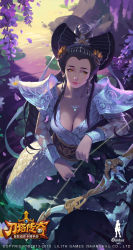 Rule 34 | 10s, 1girl, 2015, armor, artist name, baek so-jin, black bow, black hair, bow, bow (weapon), breasts, cleavage, closed mouth, collarbone, copyright name, earrings, flower, gisuka yan, glowing, hair bow, headpiece, holding, holding weapon, lily pad, lipstick, long hair, long sleeves, looking at viewer, makeup, medium breasts, mermaid, monster girl, outdoors, partially submerged, petals, plant, red lips, rock, scales, shoulder armor, shoulder pads, solo, soul hunters, tattoo, water, watermark, weapon, yellow eyes