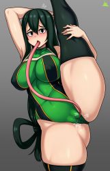 Rule 34 | 1girl, absurdres, ass, asui tsuyu, blush, bodysuit, boku no hero academia, boots, breasts, cameltoe, covered erect nipples, cunnilingus, frog girl, green bodysuit, highres, jmg, large breasts, leotard, long hair, long tongue, looking at viewer, low-tied long hair, oral, solo, split, standing, standing on one leg, standing split, thigh boots, thighhighs, tongue, tongue out