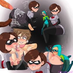 Rule 34 | 2018, 3girls, :&gt;=, anilingus, ass, blue eyes, blush, bodysuit, bodysuit aside, breasts, brown eyes, brown hair, clothing aside, costume, cum, cum in mouth, cum on ass, cum on clothes, disney, domino mask, elastigirl, english text, evelyn deavor, evil smile, eyebrows, foreskin, gloves, gradient background, green eyes, green hair, handjob, heart, helen parr, highres, huge ass, leotard, leotard aside, lip biting, lipstick, looking back, makeup, mask, matching hair/eyes, medium breasts, motion lines, multiple girls, navel, nipples, open mouth, oral, penis, phimosis, red lips, shirt, short hair, simple background, sitting, smile, swept bangs, the incredibles, torn bodysuit, torn clothes, toshkarts, trembling, uncensored, veins, veiny penis, voyd (the incredibles), yuri