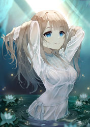 Rule 34 | 1girl, arms up, bad id, bad pixiv id, blonde hair, blue background, blue eyes, blunt bangs, breasts, closed mouth, dress, hands in hair, light rays, lily pad, long hair, long sleeves, looking at viewer, medium breasts, mochizuki honami, partially submerged, project sekai, see-through, shan (ti0n), signature, smile, solo, water, wet, wet clothes, wet dress, wet hair, white dress