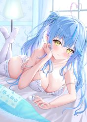 Rule 34 | 1girl, absurdres, ahoge, bare shoulders, blue hair, blue nails, blue ribbon, blush, bottle, bra, breasts, cleavage, closed mouth, colored tips, crossed bangs, hair between eyes, hair ribbon, heart, heart ahoge, highres, hololive, large breasts, legs up, long hair, looking at viewer, lying, multicolored hair, nail polish, no shoes, on stomach, panties, pointy ears, ribbon, sidelocks, smile, solo, strap slip, streaked hair, thighhighs, twintails, two side up, underwear, uni ikura, very long hair, virtual youtuber, white bra, white panties, white thighhighs, yellow eyes, yukihana lamy