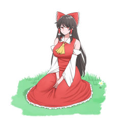 Rule 34 | 1girl, alternate breast size, ascot, ass, breasts, hakurei reimu, highres, huge breasts, mata (matasoup), own hands together, simple background, tagme, thighs, touhou, white background, yellow ascot