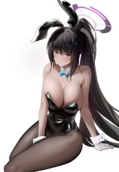 Rule 34 | 1girl, absurdres, animal ears, bare shoulders, black hair, black leotard, blue archive, blue bow, blue bowtie, bow, bowtie, breasts, cleavage, closed mouth, collarbone, dark-skinned female, dark skin, detached collar, duplicate, halo, high ponytail, highres, karin (blue archive), karin (bunny) (blue archive), large breasts, leotard, long hair, pantyhose, pixel-perfect duplicate, playboy bunny, rabbit ears, rable, sidelocks, simple background, sitting, solo, very long hair, white background, wrist cuffs, yellow eyes
