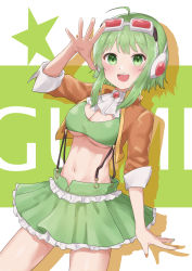 Rule 34 | 1girl, :d, absurdres, ahoge, arm up, ascot, bra, breasts, brooch, character name, cleavage, cropped jacket, frilled skirt, frills, goggles, goggles on head, green eyes, green hair, gumi, gumi (v3 megpoid), headphones, highres, jewelry, kirima (zs at ), long sleeves, looking at viewer, medium breasts, nail polish, open clothes, open mouth, open skirt, short hair with long locks, skirt, sleeve cuffs, smile, solo, star (symbol), suspenders, taut clothes, underboob, underwear, vocaloid