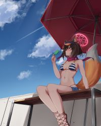 Rule 34 | 1girl, absurdres, animal ear fluff, animal ears, arm support, bare arms, bare legs, bare shoulders, beach umbrella, bikini, blue archive, blue shorts, blue sky, blush, breasts, brown hair, chun bae, cloud, commentary, day, food, fox ears, fox tail, halo, hand up, highres, holding, holding food, izuna (blue archive), izuna (swimsuit) (blue archive), medium breasts, navel, outdoors, popsicle, red umbrella, sandals, short hair, short shorts, shorts, sitting, sky, solo, stomach, striped bikini, striped clothes, swimsuit, tail, umbrella, visor cap