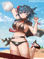 Rule 34 | 1girl, artist name, ball, beach, beach volleyball, belt, bikini, black belt, black bikini, black cape, black footwear, blue eyes, blue hair, blue sky, breasts, byleth (female) (fire emblem), byleth (fire emblem), cape, chocojax, cleavage, cloud, commentary, day, fire emblem, fire emblem: three houses, fire emblem heroes, flower, hair flower, hair ornament, high heels, highres, large breasts, medium hair, navel, nintendo, official alternate costume, outdoors, playing sports, red flower, sky, solo, stomach, swimsuit, thighs, volleyball, volleyball (object)